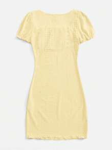 SHEIN Qutie Square Neck Ruched Bust Lettuce Trim Schiffy Dress - Yellow - View 2