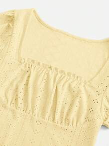SHEIN Qutie Square Neck Ruched Bust Lettuce Trim Schiffy Dress - Yellow - View 4