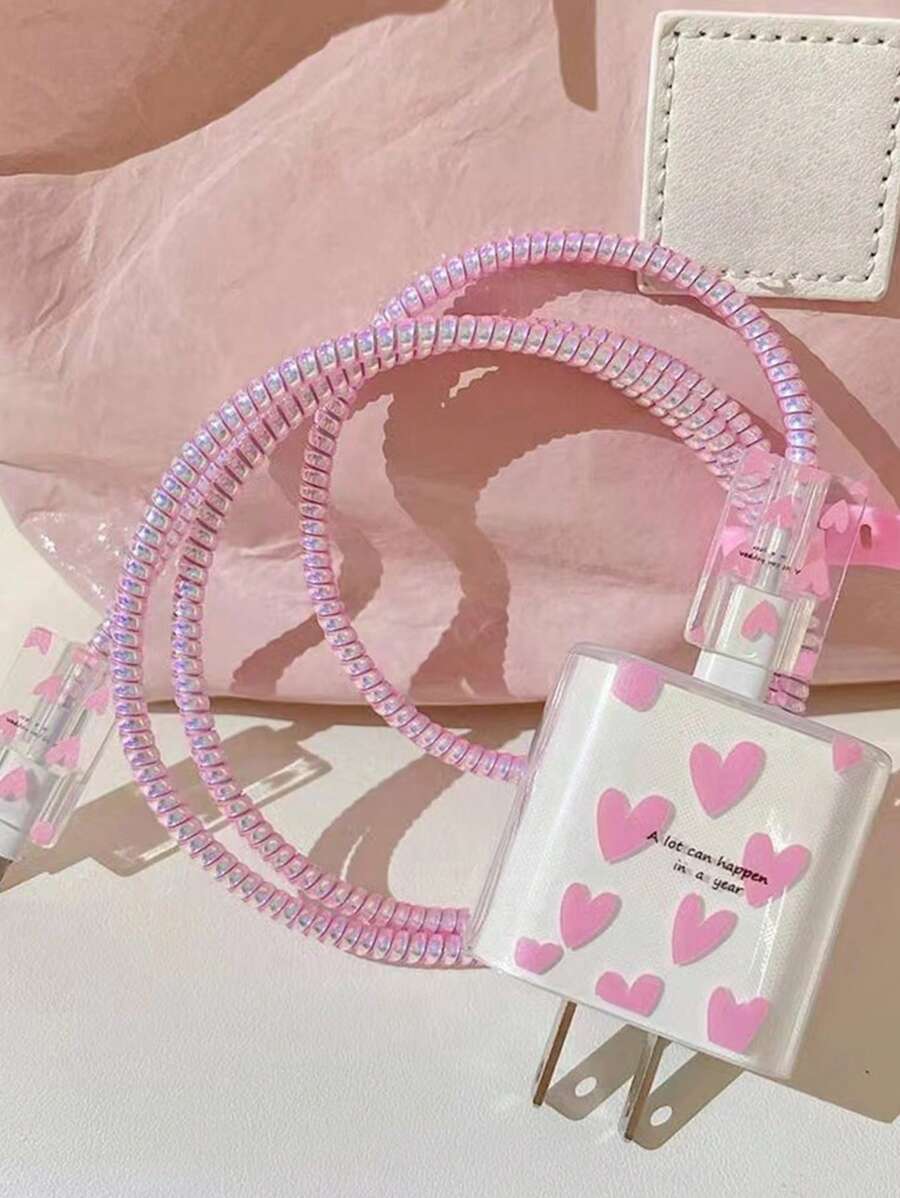 5入組心形手機充電器套裝，包含數據線和保護殼 - 粉色 - 查看 1