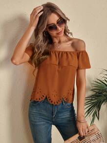 SHEIN Clasi 一字肩鏤空貝殼邊襯衫 - 棕色 - 查看 6