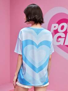 The Powerpuff Girls | ROMWE 心形和卡通圖案落肩T恤 - 藍色 - 查看 2