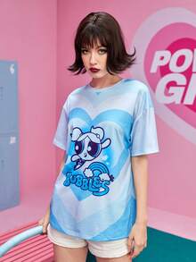 The Powerpuff Girls | ROMWE 心形和卡通圖案落肩T恤 - 藍色 - 查看 3