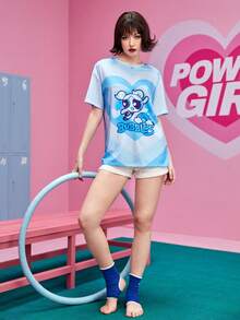 The Powerpuff Girls | ROMWE 心形和卡通圖案落肩T恤 - 藍色 - 查看 4