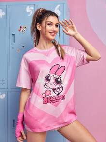The Powerpuff Girls | ROMWE Heart & Cartoon Graphic Drop Shoulder Tee - Pink - View 1