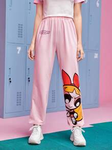 The Powerpuff Girls | ROMWE Cartoon & Letter Graphic Sweatpants - Baby Pink - View 1
