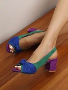 Phụ nữ Colorblock Knot Decor Xăng đan cao gót chunky, Xăng đan quai hậu giả da lộn thời trang - Nhiều màu - Xem 2