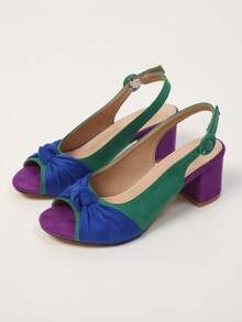 Phụ nữ Colorblock Knot Decor Xăng đan cao gót chunky, Xăng đan quai hậu giả da lộn thời trang - Nhiều màu - Xem 5