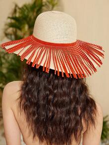 SHEIN VCAY 1 Phụ Nữ Tua Rua Trang Trí Boho Mũ Rơm Cho Du Lịch Ngoài Trời - màu nâu - Xem 5