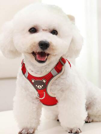 2pcs Cartoon Bear Patch Decor Reflective Strip Pet Harness & Pet Leash Set For Dog And Cat For Outdoor