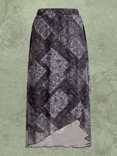 Paisley Print Lettuce Trim Mesh Skirt