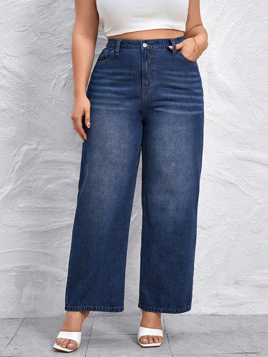 SHEIN Essnce 大碼高腰闊腿牛仔褲 - 深色水洗藍 - 查看 1