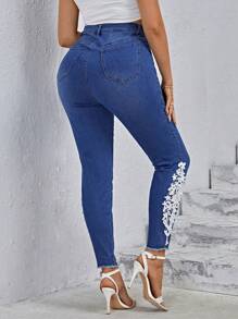 SHEIN Unity Quần Denim kích thước lớn Nút Túi Dây kéo Hoa - Rửa tối - Xem 2