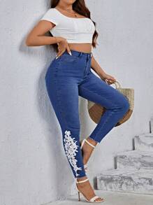 SHEIN Unity Quần Denim kích thước lớn Nút Túi Dây kéo Hoa - Rửa tối - Xem 5