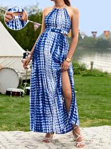 SHEIN Maternidad de tie dye con tira cruzada de espalda abierta con cordón Top halter & de muslo con abertura Falda - Azul y blanco - Ver 1