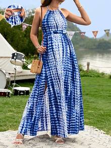 SHEIN Maternidad de tie dye con tira cruzada de espalda abierta con cordón Top halter & de muslo con abertura Falda - Azul y blanco - Ver 4