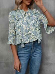 SHEIN Unity Floral Print Tie Neck Ruffle Trim Flounce Sleeve Blouse - Multicolor - View 4
