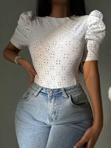 VaVaBold Eyelet Embroidery Puff Sleeve Bodysuit - White - View 3