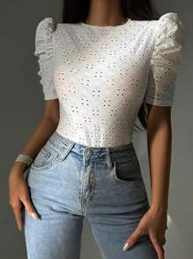 VaVaBold Eyelet Embroidery Puff Sleeve Bodysuit - White - View 5