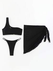 Ring Linked Asymmetrical Neck Bikini Set With Summer Beach Vacation Skirt - Black - View 6