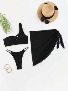 Ring Linked Asymmetrical Neck Bikini Set With Summer Beach Vacation Skirt - Black - View 8