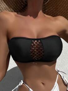 SHEIN Swim Top bikini bandeau con malla en contraste - Negro - Ver 1