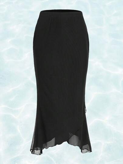 Jupe sirène unicolore à ourlet ondulé