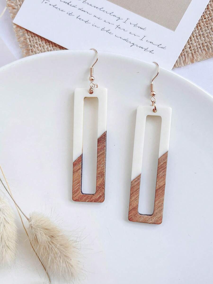 1對時尚木頭方形耳墜適合女士日常裝飾 - 彩色 - 查看 1