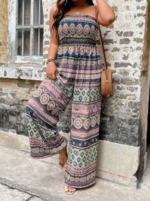 Breezaya Plus Floral Print Tube Wide Leg Jumpsuit - Multicolor - View 1