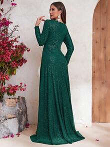 YISIKADO Surplice Neck Split Thigh Sequin Prom Dress - Dark Green - View 3