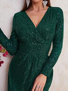 YISIKADO Surplice Neck Split Thigh Sequin Prom Dress - Dark Green - View 4