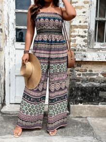 Breezaya Plus Floral Print Tube Wide Leg Jumpsuit - Multicolor - View 4