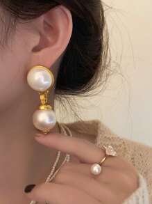 1pair Fashion Zinc Alloy Faux Pearl Drop Earrings For Women For Daily Decoration - Gold - View 2
