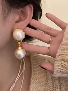 1pair Fashion Zinc Alloy Faux Pearl Drop Earrings For Women For Daily Decoration - Gold - View 5