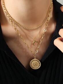 1pc Fashion Stainless Steel Lion Decor Layered Necklace For Women For Daily Decoration - Yellow Gold - View 1