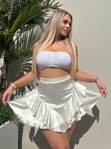 SHEIN Privé Ruffle Trim Zip Back Satin Skirt - Beige - View 4