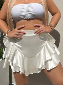 SHEIN Privé Ruffle Trim Zip Back Satin Skirt - Beige - View 5