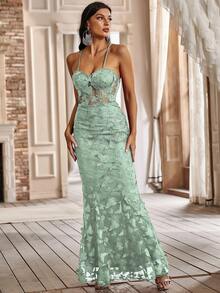 YISIKADO Butterfly Appliques Lace Up Guipure Lace Maxi Cami Prom Dress - Mint Green - View 4