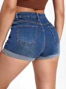 SHEIN Essnce Quần short denim nữ Nút Túi Dây kéo màu trơn - Rửa trung bình - Xem 2