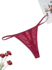 標語圖案網紗丁字褲 - 酒紅色 - 查看 5