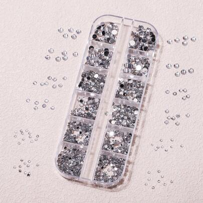 Bộ 12 ngăn đựng đá trang trí móng tay acrylic trong suốt, đáy phẳng, 3 kích cỡ khác nhau, phụ kiện làm móng, đồ trang trí móng, đá đính móng.