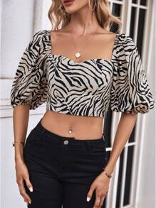 SHEIN Privé Crop Bluse mit Zebra Streifen Sweetheart Ausschnitt, Puffärmeln,