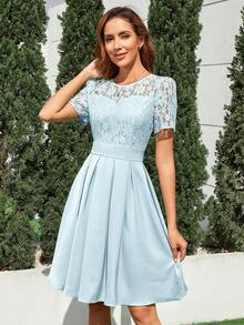 Vestido con encaje en contraste bajo fruncido - Azul - Ver 3