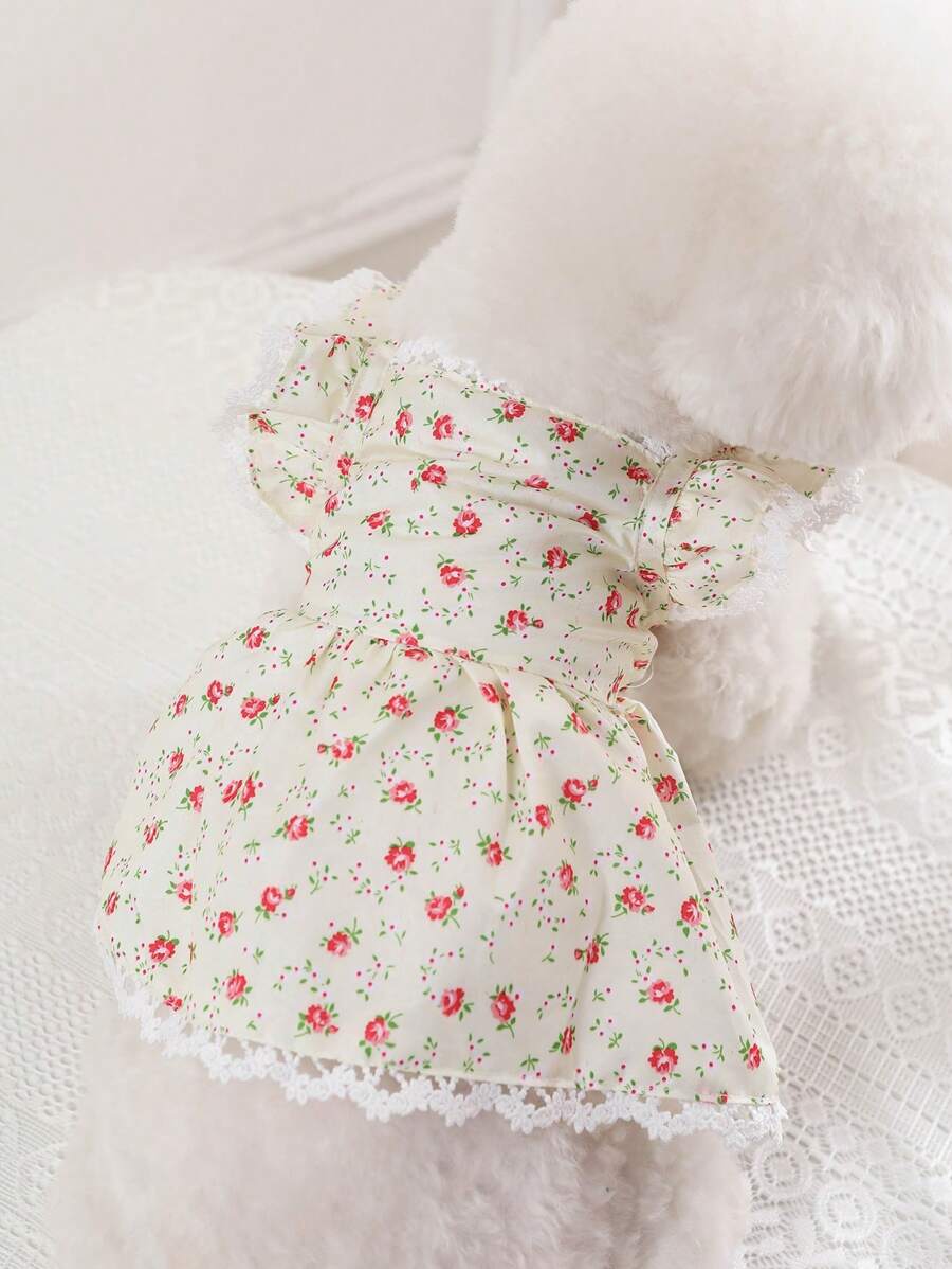 1入組印花寵物洋裝適用於狗狗和貓適合夏天 - 米色 - 查看 1