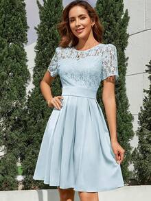 Vestido con encaje en contraste bajo fruncido - Azul - Ver 5