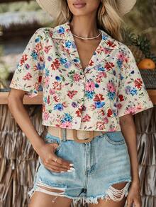 SHEIN VCAY 印花落肩袖短款襯衫 - 彩色 - 查看 3