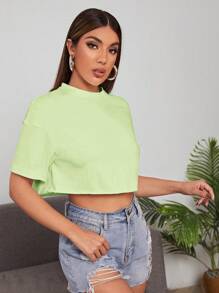 SHEIN EZwear 落肩袖素色短款T恤 - 青檸色 - 查看 3