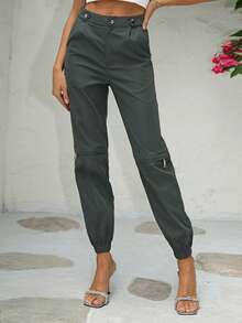 Joyfunear 素色側口袋長褲 - 深灰色 - 查看 4