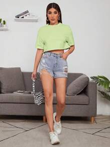 SHEIN EZwear 落肩袖素色短款T恤 - 青檸色 - 查看 4