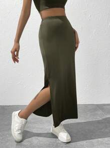 SHEIN EZwear Solid Split Hem Skirt - Green - View 3
