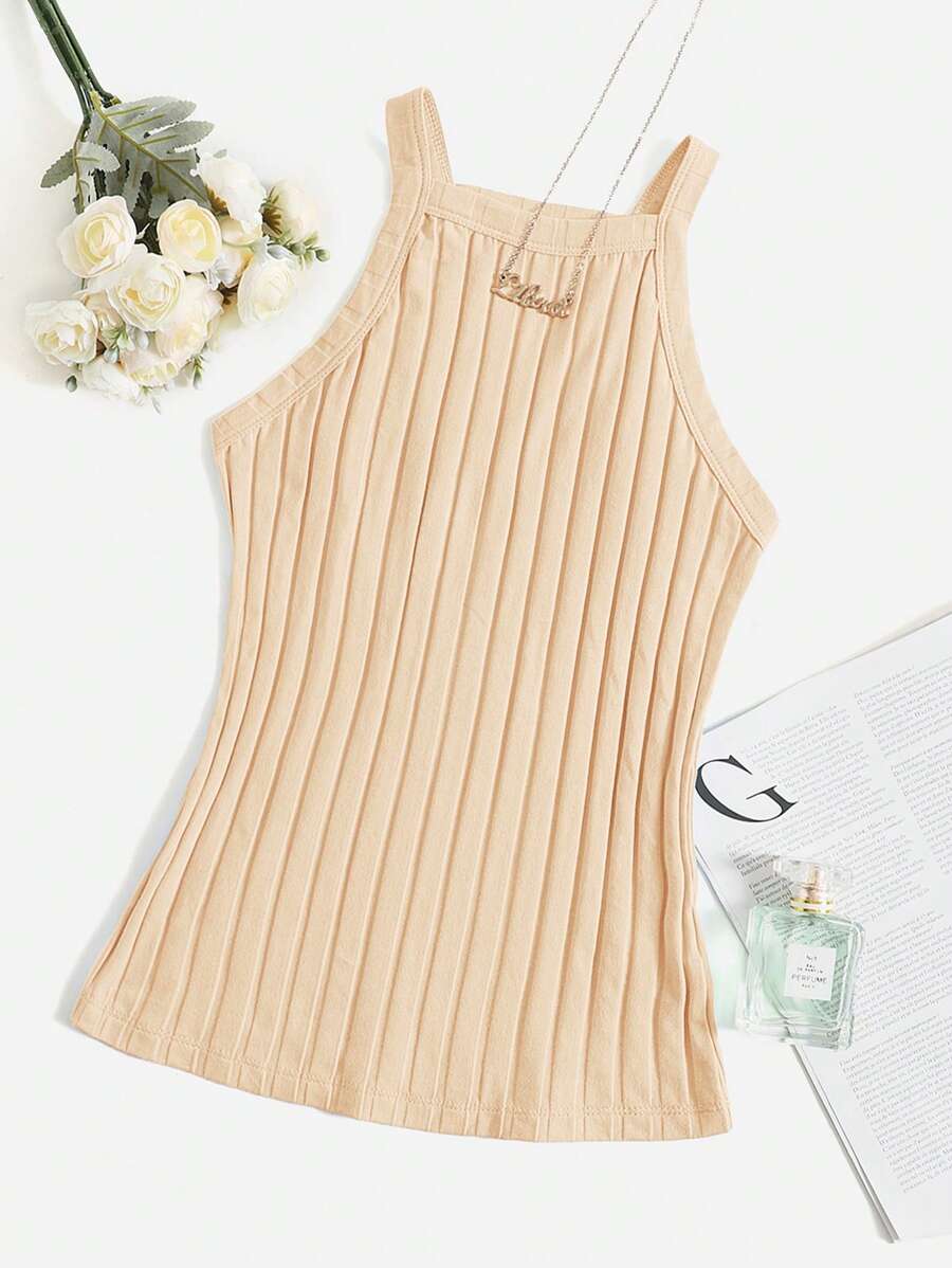 SHEIN EZwear 素色條紋針織掛脖上衣 - 杏色 - 查看 1